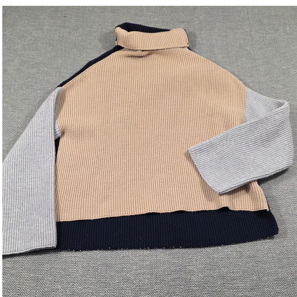 Miracle USA Womens Colorblock Ribbed Turtleneck Sweater Tan Navy Grey ML